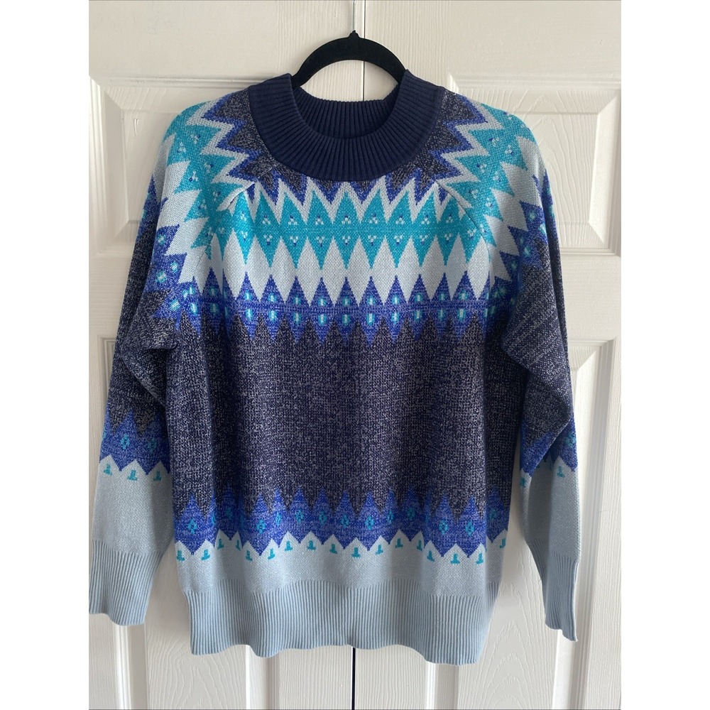 D&Co Signature Fair Isle Pullover Sweater Womens Size M Blue Metallic Cotton